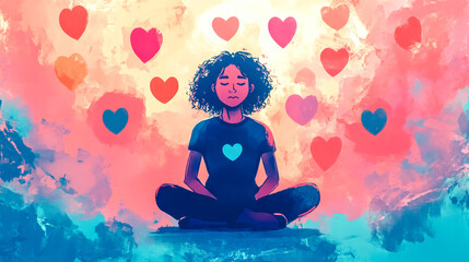 Young woman meditating surrounded by hearts representing love and self care