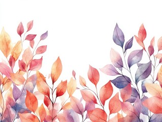 Colorful watercolor leaves border on white background, ideal for invitations and designs.