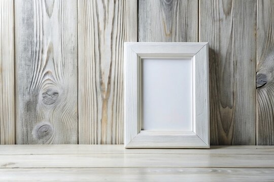 White picture frame on a whitewashed plank wall above a wooden table