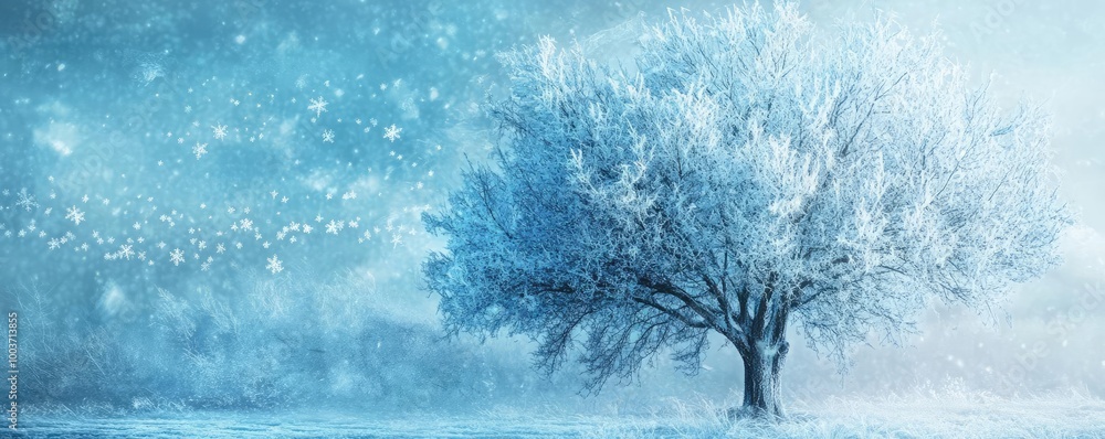 Poster a serene winter landscape featuring a frosty tree surrounded by soft snowflakes in a tranquil blue s