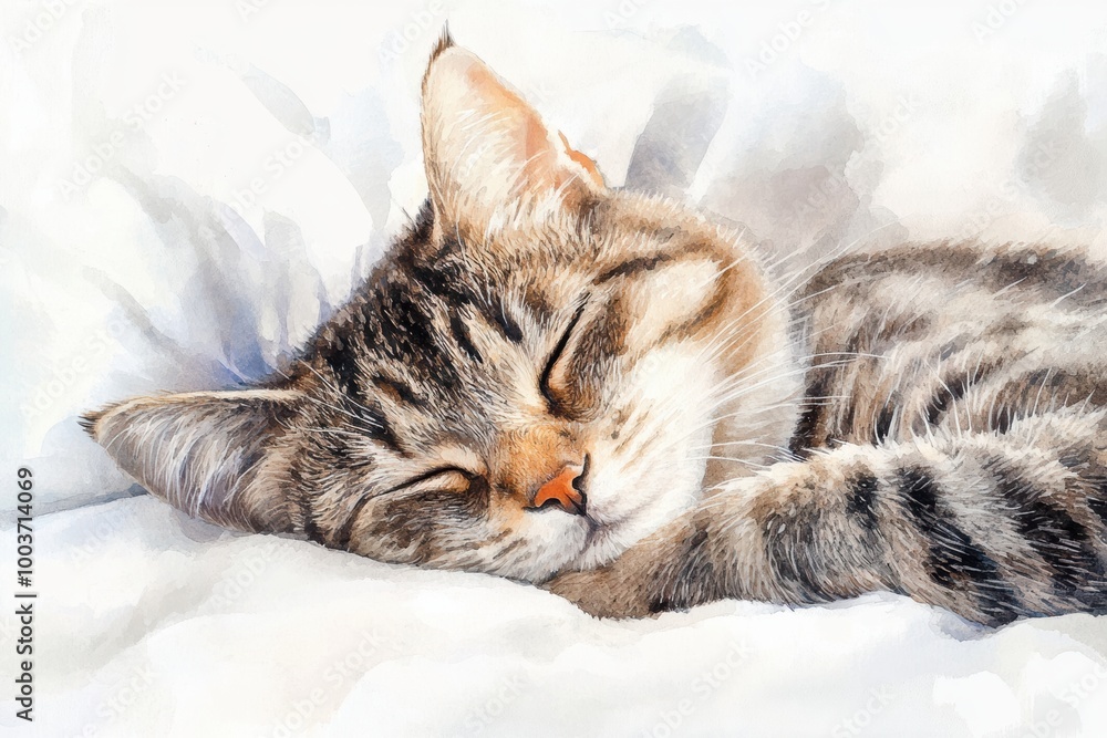 Poster a peaceful tabby cat sleeps soundly on a soft white bedspread in a cozy home environment during the 