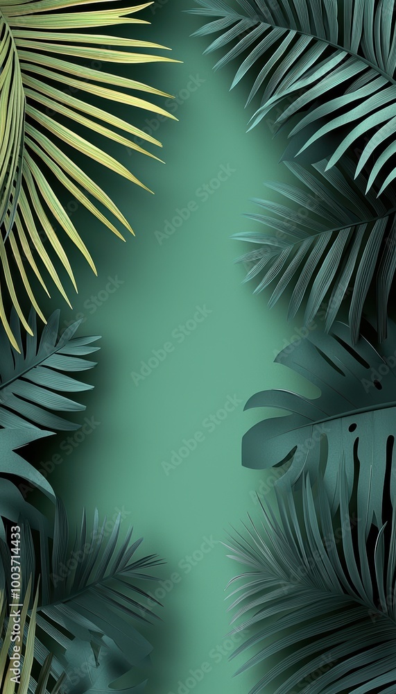 Poster minimalistic sage green paper art with tropical leaves creating a modern and calming background