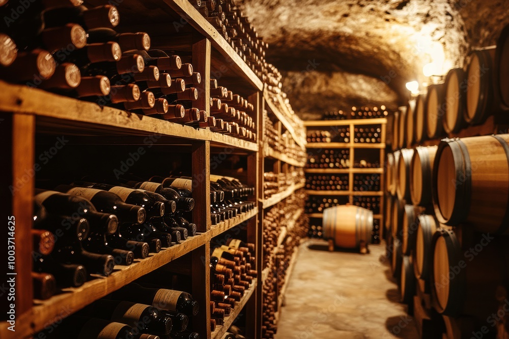 Poster explore a rustic wine cellar featuring wooden barrels and meticulously arranged wine bottles stored 