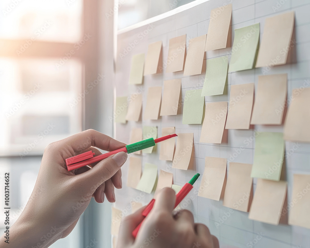 Poster hands holding physical task prioritization board with colorful sticky notes, showcasing organization