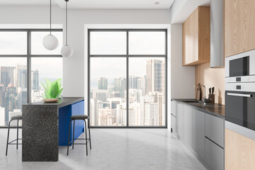Modern kitchen interior with city view through large windows. 3D Rendering