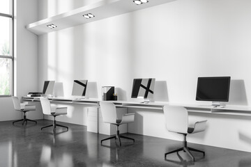 Modern open space office with white desks and chairs. 3D Rendering