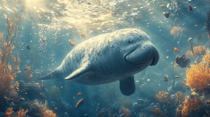 Fototapeta premium Surreal dugong exploring a fantastical underwater world with floating objects and whimsical, dreamlike scenes.