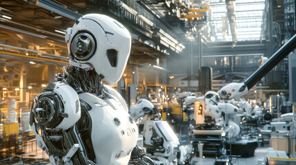 Fototapeta premium Witness a high-tech factory bustling with robotic arms and advanced machines skillfully working together to produce sophisticated products amidst a futuristic ambiance
