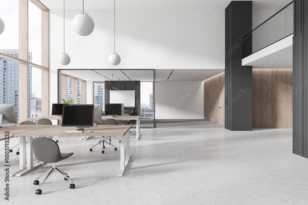 Aufkleber modern open office space with large windows and city view. 3d rendering