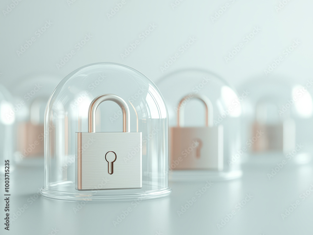Poster a secure network is represented by padlocks under transparent domes, symbolizing protection and safe