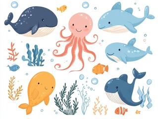 Obraz premium 2408 12.Underwater sea animal set: A delightful set of cute sea creatures like fish, octopus, whale, and seaweed, placed on a clean white background. Each element is designed with a cheerful and
