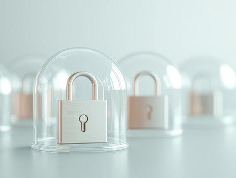 A secure network is represented by padlocks under transparent domes, symbolizing protection and safety in digital environment. This imagery evokes sense of trust and security