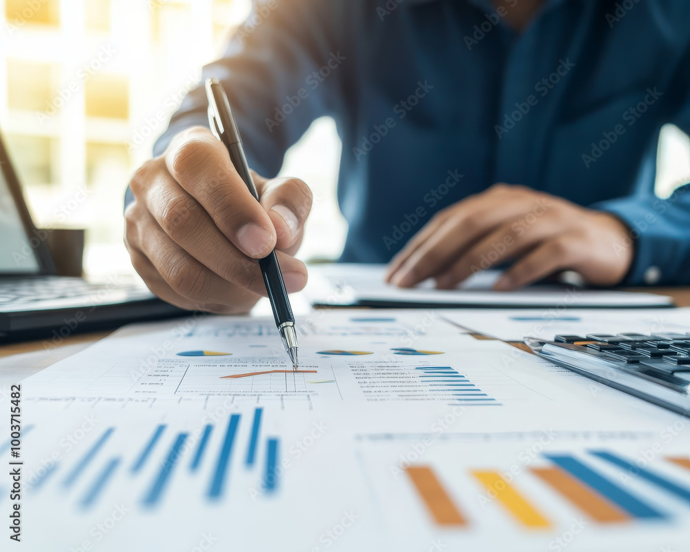 Poster a professional accountant is focused on annual budget reports, analyzing data and making notes with 