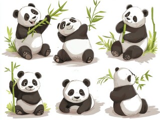Obraz premium 2408 16.Panda characters in various poses: A set of cute hand-drawn panda bears in different poses, from sitting and eating bamboo to sleeping peacefully. Each panda is illustrated in a fun and