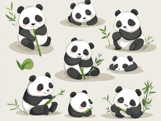 2408 17.Playful panda bear set: A collection of adorable panda bears illustrated in various positions, including sitting, lying down, and holding bamboo. The charming cartoon style makes these