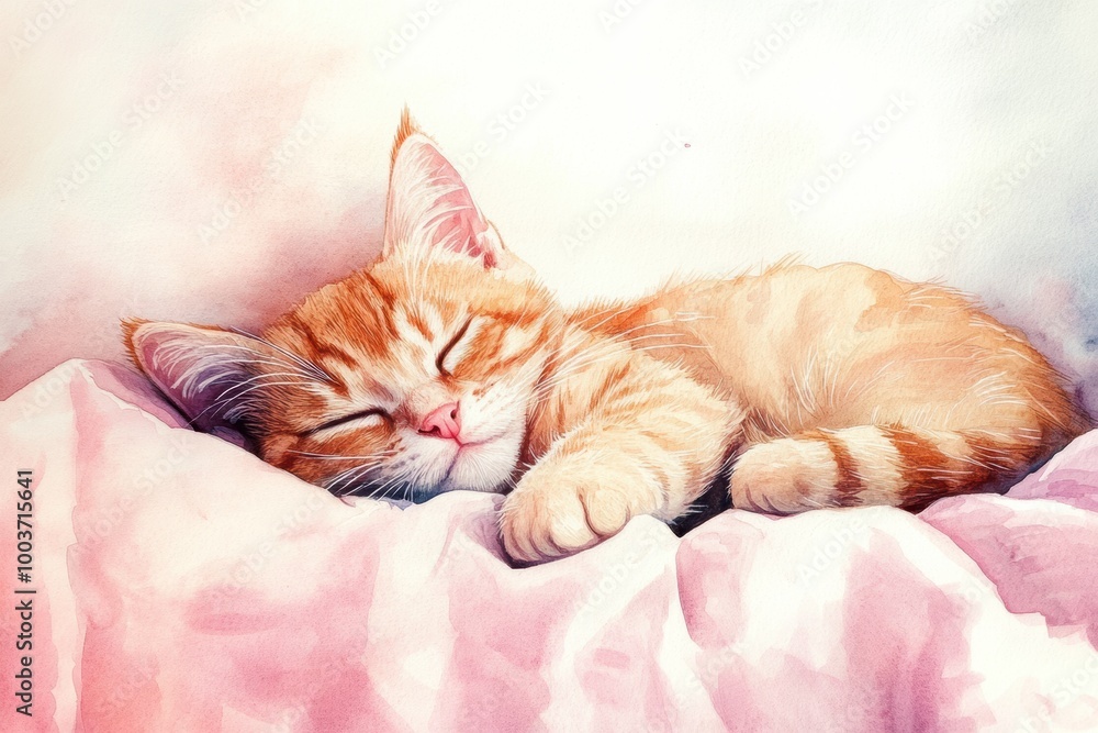 Poster a sleepy orange tabby cat curled up on a soft bedspread resting peacefully in a serene indoor settin