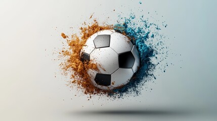Soccer Ball Explosion with Orange and Blue Paint Splatter