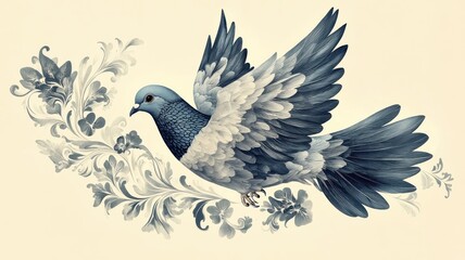 A pigeon depicted in Art Nouveau style, featuring ornate details and flowing, elegant lines.