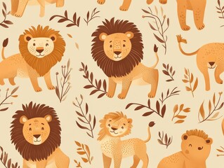 Fototapeta premium 2408 30.A seamless lion pattern in a flat vector style, with lions depicted in various dynamic poses. The design features warm earth tones and geometric lines, making it ideal for use in modern