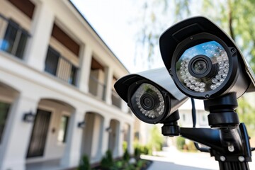 Modern home security system with camera display screen. Man sits in front of computer, monitoring CCTV footage. Private property safeguard and protection technology.