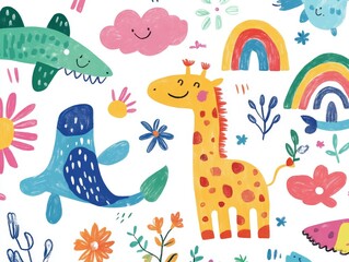 2408 31.A vibrant kids' drawing illustration set, featuring hand-drawn animals like a giraffe, crocodile, and shark. The colorful doodles include playful rainbows, flowers, and clouds, all created