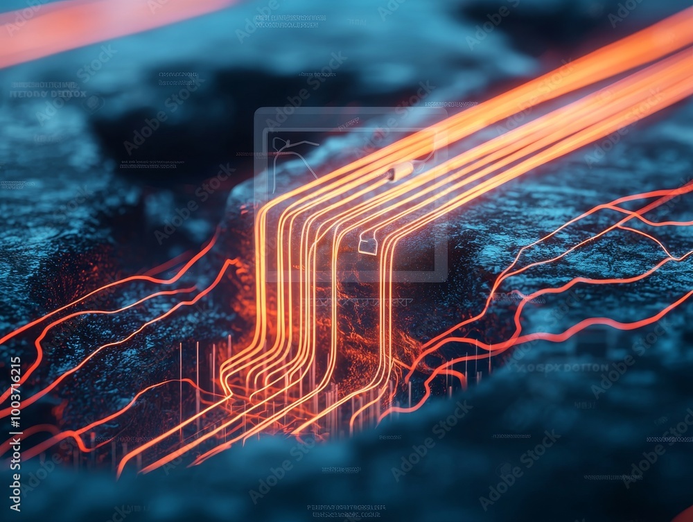 Poster abstract digital art with glowing red lines emerging from a dark textured surface.