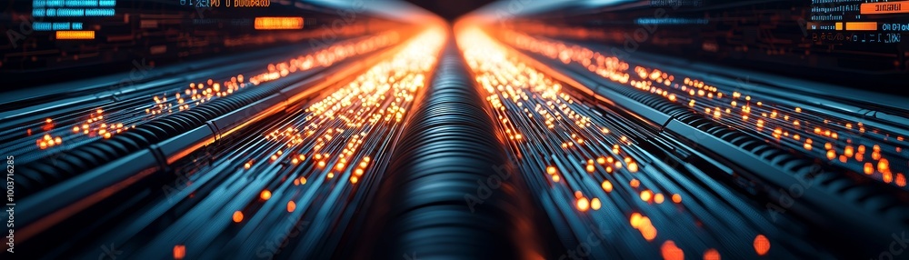 Poster abstract digital data stream with glowing lights.