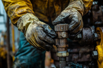An oil field worker uses a wrench to tighten equipment at a drilling site, showcasing the skill and effort involved in oil extraction during late afternoon hours.
