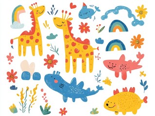 2408 34.A wax crayon doodle set of children's drawings, featuring cute cartoon animals like giraffes, crocodiles, and sharks, surrounded by bright rainbows and playful flowers. The charming naive