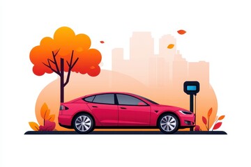 Red electric car with city background