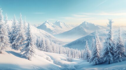 Fototapeta premium 3D effect of a picturesque winter landscape with snow-covered trees, mountains, and a clear sky