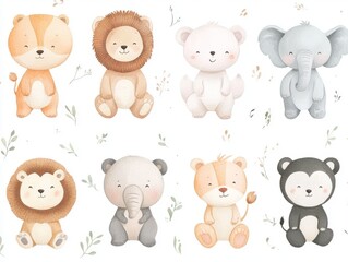 Fototapeta premium 2408 41.A collection of cute baby animals, each illustrated in a soft, pastel color palette on a white background. Featuring animals like baby elephants, lions, and pandas, this set is perfect for