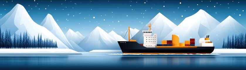 Fototapeta premium Ship in icy waters with snowy mountains backdrop