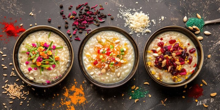 Creamy Rice Dessert Often Referred to as Kheer, Payasam, Payesh, Khir, or Ksheeram, Prepared with Aromatic Rice, Milk, Khoya, Cream, and Dried Fruits, Frequently Offered as a Sacred Offering During