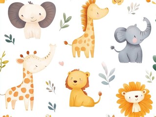 Naklejka premium 2408 45.Adorable baby animals like giraffes, elephants, and lions, illustrated on a clean white background. The simple, cute designs are perfect for childrenâ€™s prints, wallpapers, or products aimed