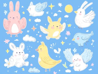 2408 46.A cute cartoon animal sticker set, featuring hand-drawn animals like bunnies, birds, and bears, along with sky elements like clouds and stars. The whimsical doodles are perfect for stickers,
