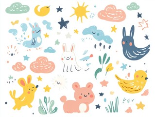 2408 46.A cute cartoon animal sticker set, featuring hand-drawn animals like bunnies, birds, and bears, along with sky elements like clouds and stars. The whimsical doodles are perfect for stickers,