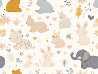 Obraz premium 2408 51.A seamless pattern featuring cute baby animals such as bunnies, bears, elephants, and foxes, all illustrated in a soft pastel color palette. The animals are arranged in a playful, repetitive