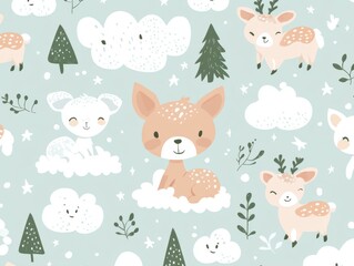 Obraz premium 2408 52.A seamless pattern showcasing adorable baby animals like kittens, puppies, lambs, and baby deer, surrounded by elements like clouds, stars, and small trees. The design uses a soft color