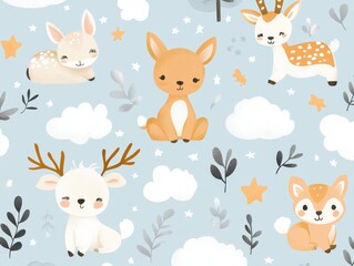 2408 52.A seamless pattern showcasing adorable baby animals like kittens, puppies, lambs, and baby deer, surrounded by elements like clouds, stars, and small trees. The design uses a soft color