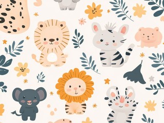 2408 53.A repeating pattern of cute baby animals, including baby lions, tigers, bunnies, and elephants, illustrated in a whimsical, cartoonish style. The animals are surrounded by leaves, stars, and