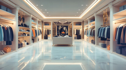 Fototapeta premium Explore a luxury fashion store showcasing designer clothes and chic accessories in an elegantly arranged space with stunning lighting