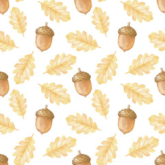 Acorns and oak leaves. Watercolor seamless pattern on white background for textile and wrapping paper. Cute illustration in pastel colors © Мария Ронина