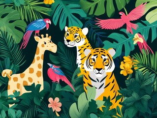 2408 59.A vibrant set of flat-style savannah animals including tigers, parrots, and leopards, surrounded by tropical foliage. The childlike illustration style is cheerful and dynamic, great for kids'