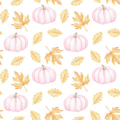 Pink pumpkins, oak and maple leaves. Watercolor seamless pattern on white background for textile and wrapping paper. Cute illustration in pastel colors