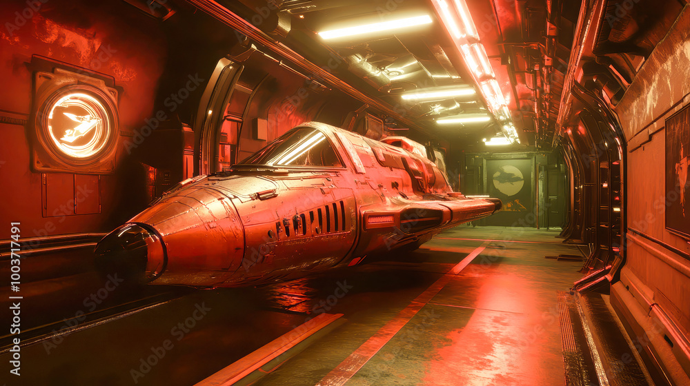 Poster step into a captivating retro-futuristic space station filled with vintage spaceships, illuminated n
