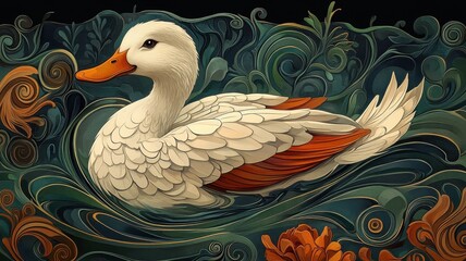 Obraz premium Duck depicted in Art Nouveau style, surrounded by flowing lines and intricate patterns that emphasize its elegant and graceful form.