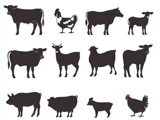 2408 63.A sleek silhouette collection of farm animals such as cows, pigs, chickens, and horses, presented in bold black shapes. The simplicity of the designs makes them versatile for use in