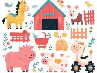 Naklejka premium 2408 66.A vector illustration featuring cute baby farm animals such as a cow, horse, pig, and chicken, all drawn in a playful, colorful style. Surrounding the animals are fun farm-related elements
