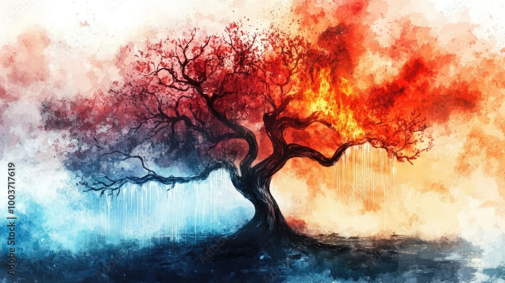 Poster a striking visual of a tree embodying fire and water, representing the balance between contrasting e